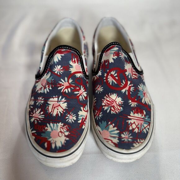 Vans Classic Slip-on Graffiti Floral Red Blue Canvas Shoes Women's 6 Men’s 4.5 - Picture 1 of 6